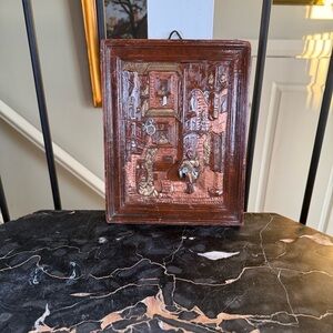 Antique 19th C. German Wax Relief Plaque, Pedlar & Town Street Scene Metallic